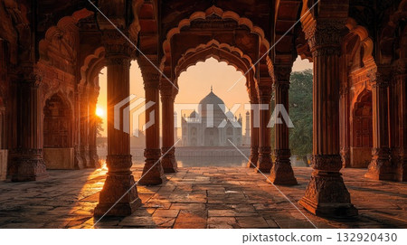 Taj Mahal Framed by Arched Corridor at Sunset Taj Mahal Framed by Arched Corridor at Sunset 132920430
