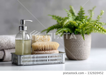Bathroom shelf with soap dispenser, brush, towel and fern plant 132920452