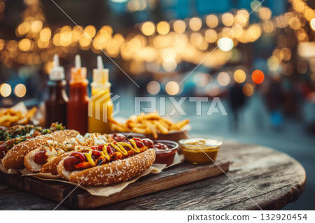 Grilled hot dogs and french fries on table at outdoor food market Grilled hot dogs and french fries on table at outdoor food market 132920454