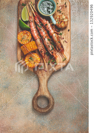 langoustines on skewers, shrimp kebab, with fried corn, spices and herbs, homemade, no people, langoustines on skewers, shrimp kebab, with fried corn, spices and herbs, homemade, no people, 132920496