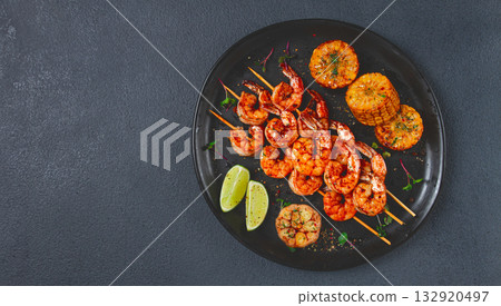 tiger prawns on skewers, shrimp kebab, with corn, fried, homemade, no people, tiger prawns on skewers, shrimp kebab, with corn, fried, homemade, no people, 132920497