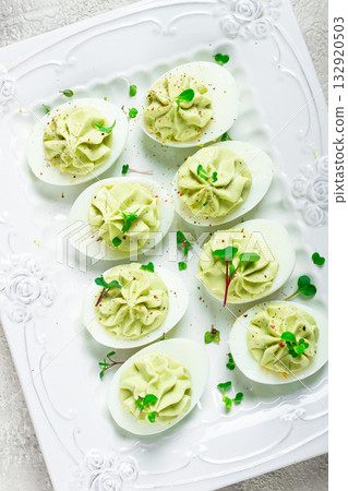 snack, stuffed eggs with avocado, homemade, no people, 132920503