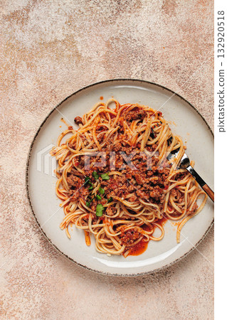 Spaghetti Bolognese, top view, close-up, without people, homemade, Spaghetti Bolognese, top view, close-up, without people, homemade, 132920518