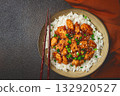 fried chicken teriyaki with rice, green onion and sesame, homemade, no people, 132920527
