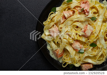 tagliatelle pasta, in cream sauce with salmon, homemade, no people, tagliatelle pasta, in cream sauce with salmon, homemade, no people, 132920528