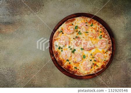 four cheese pizza with shrimp and fresh microgreens, served on a wooden board, homemade, no people, 132920546