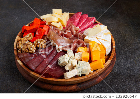 assortment of cheese meat cuts, on a plate, top view, no people, 132920547