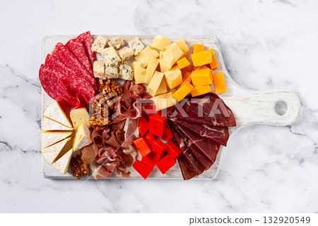assortment of cheese meat cuts, on a plate, top view, no people, assortment of cheese meat cuts, on a plate, top view, no people, 132920549