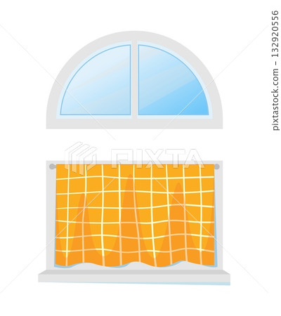Window blind. Curtain drapery at wall. Home room. Arc glass. Architecture construction. House windowsill. Cozy textile drape. Jalousie cover. Windowpane frame. Vector interior element Window blind. Curtain drapery at wall. Home room. Arc glass. Architecture construction. House windowsill. Cozy textile drape. Jalousie cover. Windowpane frame. Vector interior element 132920556
