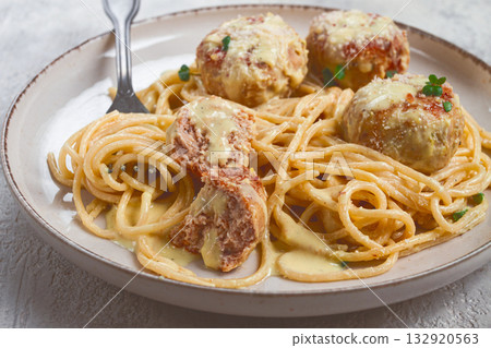 spaghetti with chicken meatballs, with cream sauce, and parmesan cheese, and decorated with microgreens, homemade, no people, 132920563