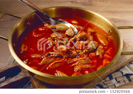 French shrimp bisque soup, in a pot, close-up, no people, French shrimp bisque soup, in a pot, close-up, no people, 132920568