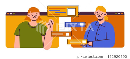 Online call. People web communication. Computer browser window. Video conference. Girls internet conversation. Send or receive messages. Business talk. Internet technology. Vector concept 132920590