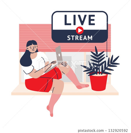 Live stream. Woman listening to online blog broadcast. Web podcast streaming. Girl with laptop on windowsill. Livestream vlog. Internet technology. Social media service. Vector concept Live stream. Woman listening to online blog broadcast. Web podcast streaming. Girl with laptop on windowsill. Livestream vlog. Internet technology. Social media service. Vector concept 132920592