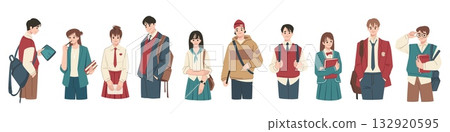Student characters. University youth people, young teen girl and boy with backpack, hold books, friends study in school. Happy diverse pupil. Vector team cartoon isolated illustration Student characters. University youth people, young teen girl and boy with backpack, hold books, friends study in school. Happy diverse pupil. Vector team cartoon isolated illustration 132920595