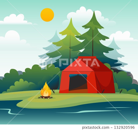 Tent in forest. Camping on nature. Woodland picnic landscape. River and fire. Tourism background. Summer vacation adventures. Expedition and hiking. Vector cartoon isolated illustration Tent in forest. Camping on nature. Woodland picnic landscape. River and fire. Tourism background. Summer vacation adventures. Expedition and hiking. Vector cartoon isolated illustration 132920596