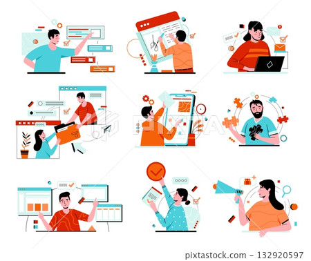 People signing contracts. Business project. Businessman with computer. Office brainstorm. Deal management. Workers online chat. Deadline planning. Browser window. Vector concepts set People signing contracts. Business project. Businessman with computer. Office brainstorm. Deal management. Workers online chat. Deadline planning. Browser window. Vector concepts set 132920597