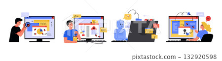 Software bugs. QA people tester. Web search report in digital programmer system. Digital process analyze. Artificial intelligence robot at computer. Malware analysis. Vector concepts set 132920598