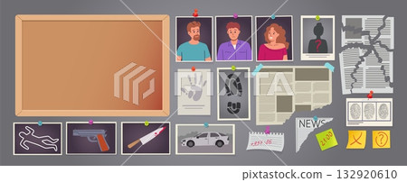 Police board. Crime suspect. Spy office research or clue. Paper and pin on evidence scene. Newspaper scrap and fingerprints. Vector detective investigation noticeboard elements set Police board. Crime suspect. Spy office research or clue. Paper and pin on evidence scene. Newspaper scrap and fingerprints. Vector detective investigation noticeboard elements set 132920610