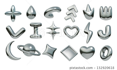 3D metal elements. Y2k chrome shape. Flower and arrow. Abstract graphic texture. Trendy retro lightning and heart. Geometric figures. Glossy Saturn and star. Vector isolated icons set 132920618