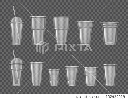 Plastic glasses. Different smoothie and milkshake glass. Lid and straw. Cocktail takeaway transparent utensil. Cold drinks and juice beverage. Realistic mockup. Vector isolated illustration Plastic glasses. Different smoothie and milkshake glass. Lid and straw. Cocktail takeaway transparent utensil. Cold drinks and juice beverage. Realistic mockup. Vector isolated illustration 132920619
