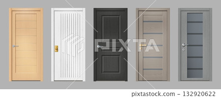 Wooden realistic door. Wood front office frame texture. Black and white modern entry. House facade. Doorway with doorknob. Apartment entrance. Vector realistic architecture elements set Wooden realistic door. Wood front office frame texture. Black and white modern entry. House facade. Doorway with doorknob. Apartment entrance. Vector realistic architecture elements set 132920622