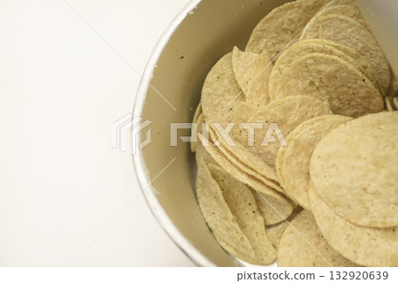Potato chips in a cardboard jar. Chips in a package. 132920639