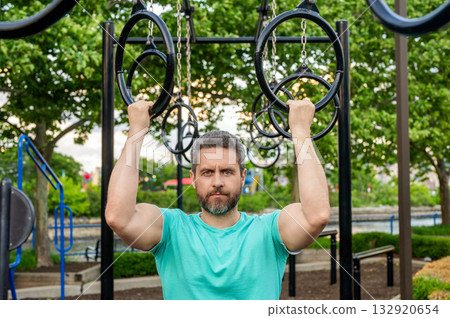 Man pullup at outdoor gym. Muscular man sportsman with strong hands. Sport pullup workout. Sport training. Man sportsman do pullup exercise. Muscular biceps and triceps. Strong athlete Man pullup at outdoor gym. Muscular man sportsman with strong hands. Sport pullup workout. Sport training. Man sportsman do pullup exercise. Muscular biceps and triceps. Strong athlete 132920654