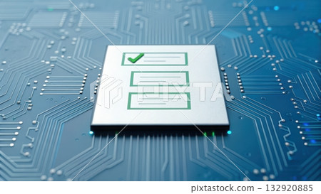 Computer chip with green arrow pointing up signifying consent form approval and progress 132920885