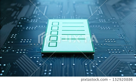 Circuit board featuring a green block highlighting consent form floating above for digital security 132920886
