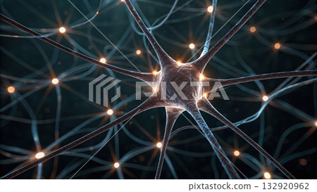 Abstract glowing neural network with central obscured node representing a neuron's structure Abstract glowing neural network with central obscured node representing a neuron's structure 132920962