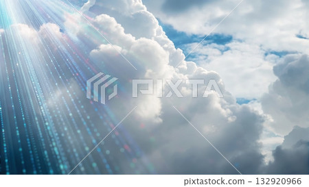 Abstract representation of encrypted data flowing through sunlight shining through clouds 132920966