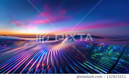 Futuristic architectural structure illuminated with colorful neon lights against a dark sky 132921011