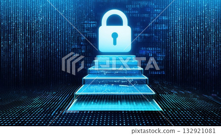 Pixelated data steps leading to a padlock icon against a dark matrix-like encrypted field 132921081