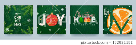 A set of Christmas and New Year cards. Illustrations for backgrounds, greeting cards, party invitations, banners, and social media. Strokes, Christmas balls, trees, and snowflakes 132921191