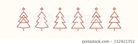 set of minimalistic green christmas tree line flat icon element, abstract geometric winter pattern, icons editable stroke, trees symbol for new year, Christmas design cards, poster, banner vector Xmas 132921352
