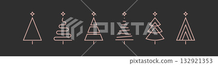 set of minimalistic green christmas tree line flat icon element, abstract geometric winter pattern, icons editable stroke, trees symbol for new year, Christmas design cards, poster, banner vector Xmas 132921353