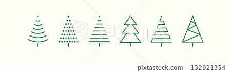 set of minimalistic green christmas tree line flat icon element, abstract geometric winter pattern, icons editable stroke, trees symbol for new year, Christmas design cards, poster, banner vector Xmas 132921354