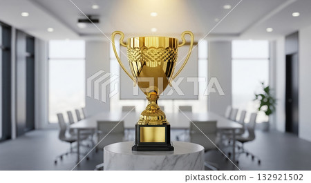 Golden Trophy Award Symbolizing Corporate Victory and Success, Displayed in a Modern Executive Boardroom Setting with Shallow Focus. Golden Trophy Award Symbolizing Corporate Victory and Success, Displayed in a Modern Executive Boardroom Setting with Shallow Focus. 132921502