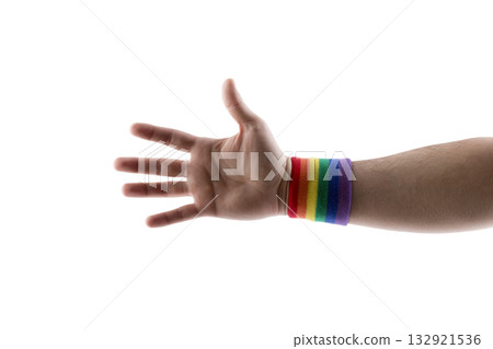 Hand with colorful rainbow LGBT wristband isolated on white background with clipping path 132921536