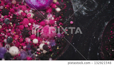 Bubble art. Ink water. Defocused pink purple white color dark black round oil texture glitter acrylic flow floating on abstract background. Bubble art. Ink water. Defocused pink purple white color dark black round oil texture glitter acrylic flow floating on abstract background. 132921548