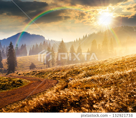 rural road through mountain landscape in autumn at sunset. coniferous forest on rolling hills on a foggy evening in natural park. beautiful countryside travel background. cloudy sky 132921738
