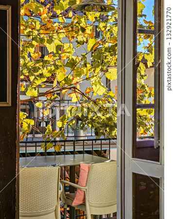 Balcony view with table, chairs, and grapevine 132921770