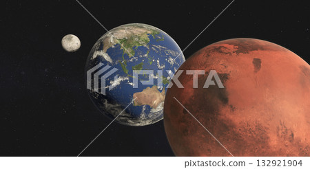Artistic rendering of Earth, Moon, and Mars in space. Artistic rendering of Earth, Moon, and Mars in space. 132921904