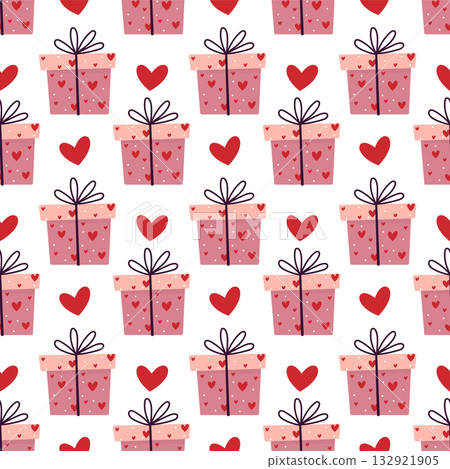 Valentine Gift Box Seamless Pattern with Hearts 132921905