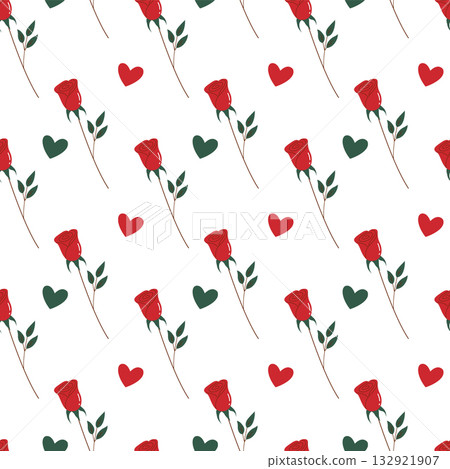 Romantic Red Rose Seamless Pattern with Hearts 132921907