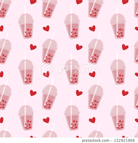 Cute Bubble Tea Seamless Pattern with Hearts Cute Bubble Tea Seamless Pattern with Hearts 132921908