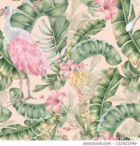 Jungle botanical watercolor seamless pattern isolated. Delicate pink exotic bird palm fronds and tropical blooms in muted palette. Hand drawn Hawaiian design for textile prints, packaging and textile. Jungle botanical watercolor seamless pattern isolated. Delicate pink exotic bird palm fronds and tropical blooms in muted palette. Hand drawn Hawaiian design for textile prints, packaging and textile. 132921949