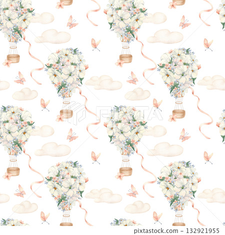 White flowers on Balloons neutral nursery seamless pattern isolated. Airships with butterflies and ribbons on clouds. Watercolor repeat design for kids bedding, baby fabrics. Balloons background. 132921955