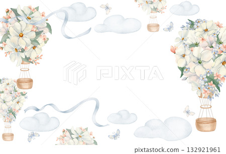 Floral kids watercolor frame for neutral color invitation isolated. Hot air balloons and white pink flowers and clouds painted frame. Children's greeting card. Sketch air ship for baby shower invite. 132921961