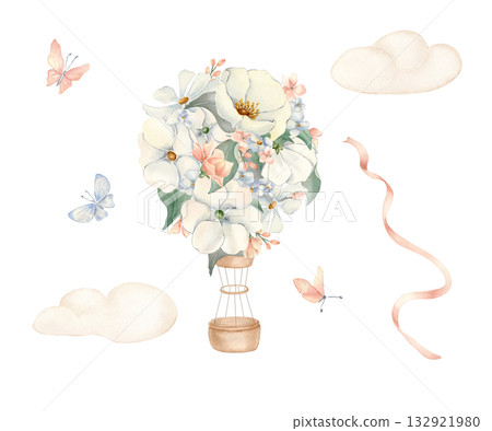 Floral Hot Air Balloon Watercolor Set. Drawing airship with white flowers, clouds, butterflies and satin ribbons in soft pastel tones. Children's illustration for design birthday invitations or cards. Floral Hot Air Balloon Watercolor Set. Drawing airship with white flowers, clouds, butterflies and satin ribbons in soft pastel tones. Children's illustration for design birthday invitations or cards. 132921980